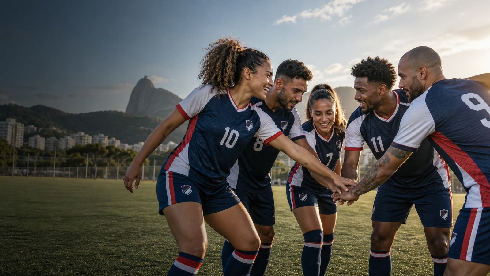 Time com uniformes esportivos personalizados em campo
