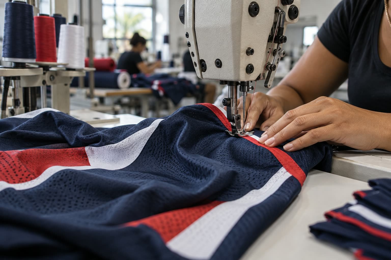 Costura de tecido esportivo personalizado em oficina têxtil
