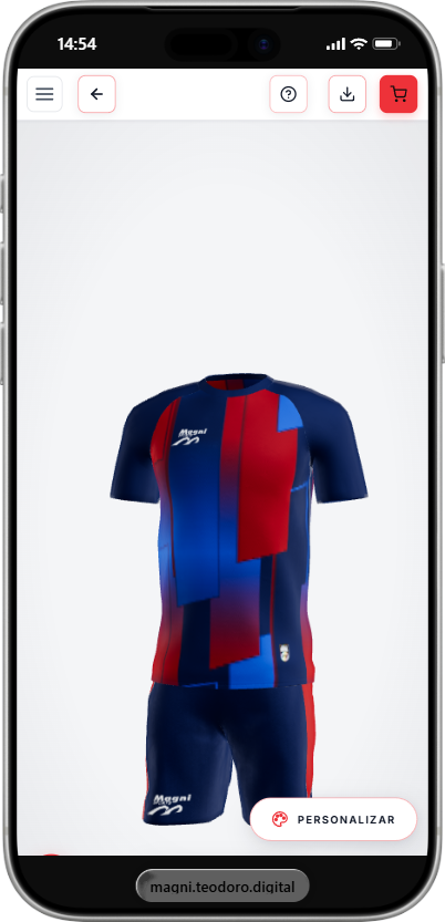 Uniforme Magni Sports personalizado no simulador, camisa e calção com arte exclusiva